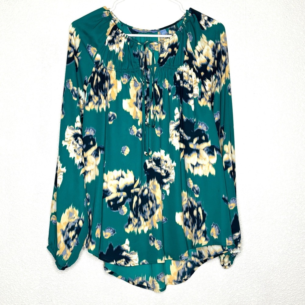 Simply Vera Vera Wang Women's Shirt Teal Floral Print Long Sleeve Cottage Size L - Picture 2 of 4
